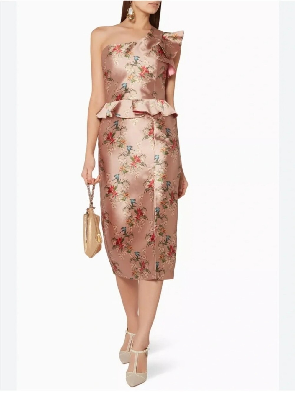 Johanna Ortiz Divinidad One-Shoulder Floral Size 8 Midi in Rose Gold Silk Blend